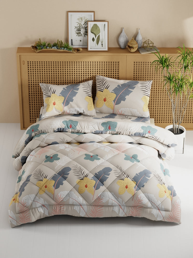 Extra Smooth Micro Double Comforter With 1 Double Bedsheet And 2 Pillow Covers For All Weather <small> (floral-biscuit)</small>
