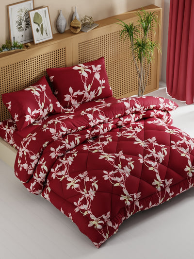 Extra Smooth Micro Double Comforter With 1 Double Bedsheet And 2 Pillow Covers For All Weather <small> (floral-red)</small>