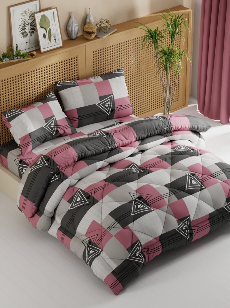 Extra Smooth Micro Double Comforter With 1 Double Bedsheet And 2 Pillow Covers For All Weather <small> (geometric-grey/pink)</small>