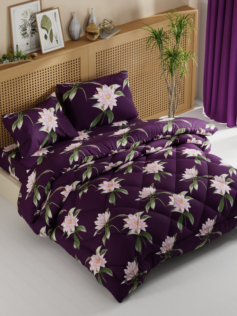 Extra Smooth Micro Double Comforter With 1 Double Bedsheet And 2 Pillow Covers For All Weather <small> (floral-wine)</small>