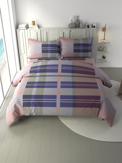 100% Premium Cotton Fabric Double Comforter With 1 King Bedsheet And 2 Pillow Covers For All Weather <small> (checks-purple/maroon)</small>