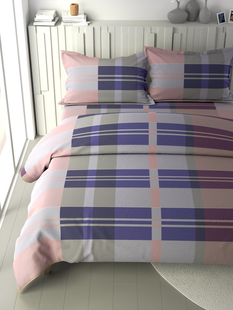 100% Premium Cotton Fabric Double Comforter With 1 King Bedsheet And 2 Pillow Covers For All Weather <small> (checks-purple/maroon)</small>