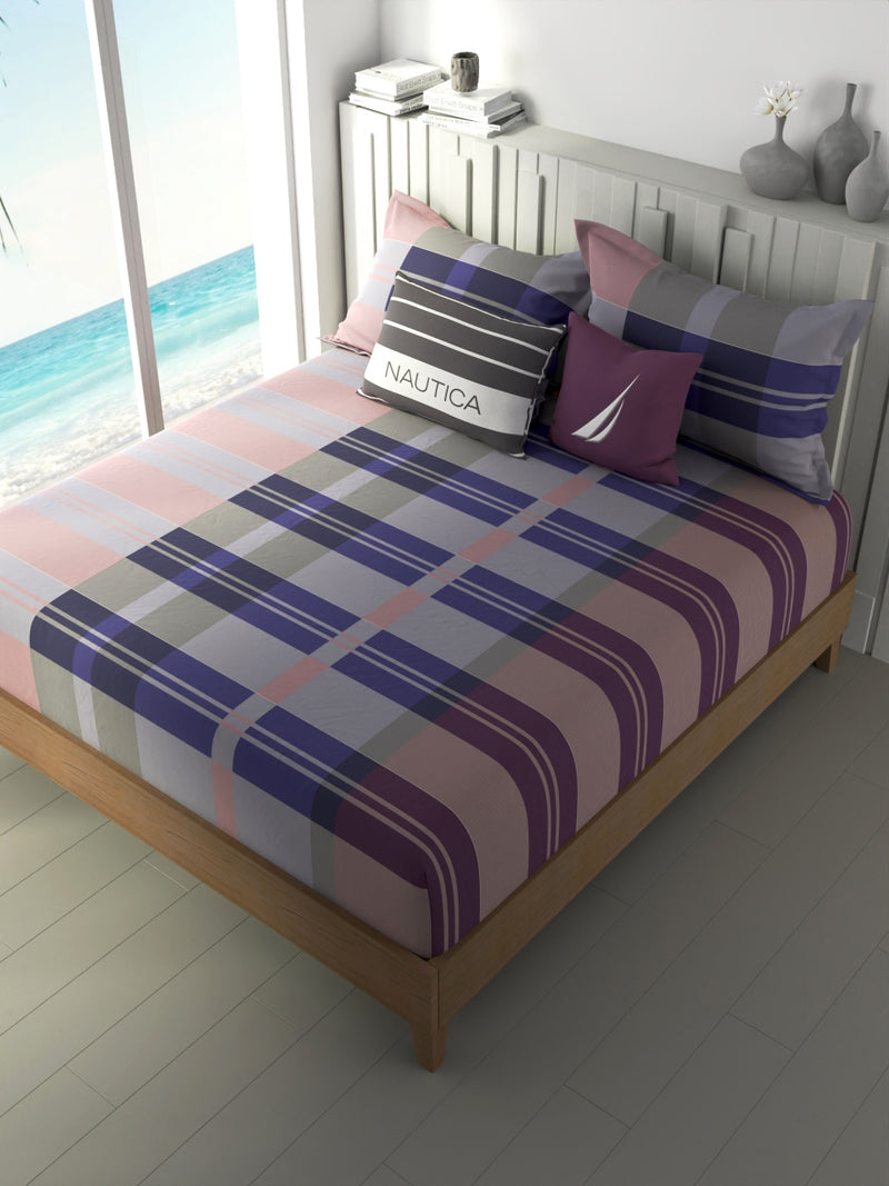 100% Premium Cotton King Bedsheet With 2 Pillow Covers <small> (checks-purple/maroon)</small>