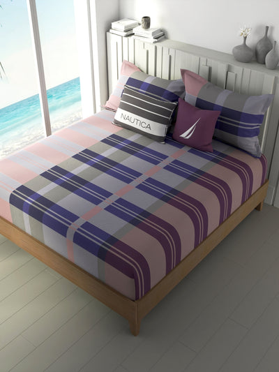100% Premium Cotton Fitted King Bedsheet With Elastic Corners With 2 Pillow Covers <small> (checks-purple/maroon)</small>