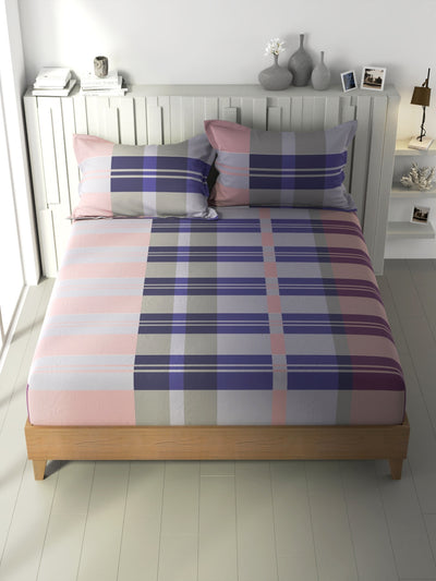 100% Premium Cotton Fitted King Bedsheet With Elastic Corners With 2 Pillow Covers <small> (checks-purple/maroon)</small>
