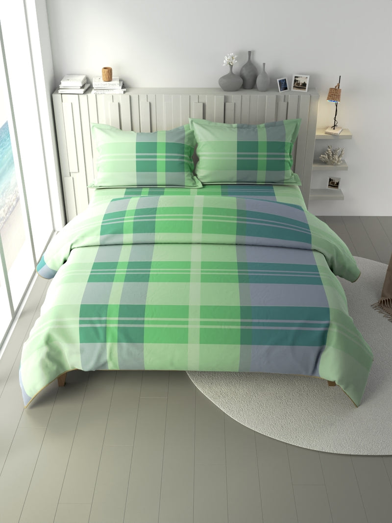 100% Premium Cotton Fabric Double Comforter With 1 King Bedsheet And 2 Pillow Covers For All Weather <small> (checks-green/blue)</small>