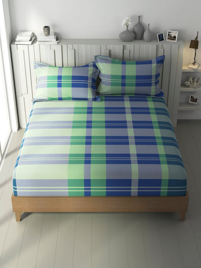 100% Premium Cotton Fitted King Bedsheet With Elastic Corners With 2 Pillow Covers <small> (checks-green/blue)</small>