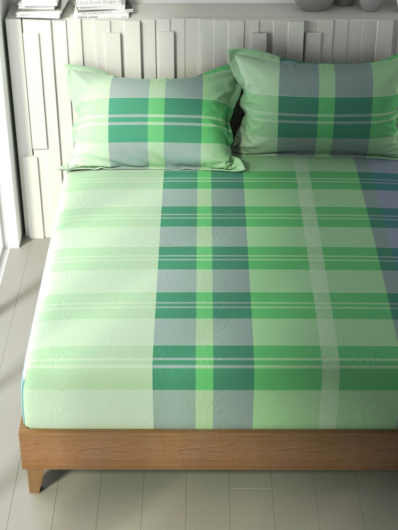 100% Premium Cotton King Bedsheet With 2 Pillow Covers <small> (checks-green/blue)</small>