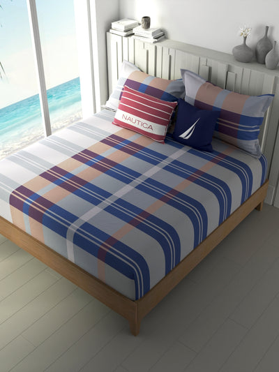 100% Premium Cotton Fitted King Bedsheet With Elastic Corners With 2 Pillow Covers <small> (checks-blue/red)</small>