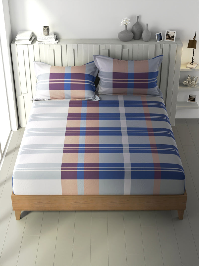 100% Premium Cotton Fitted King Bedsheet With Elastic Corners With 2 Pillow Covers <small> (checks-blue/red)</small>