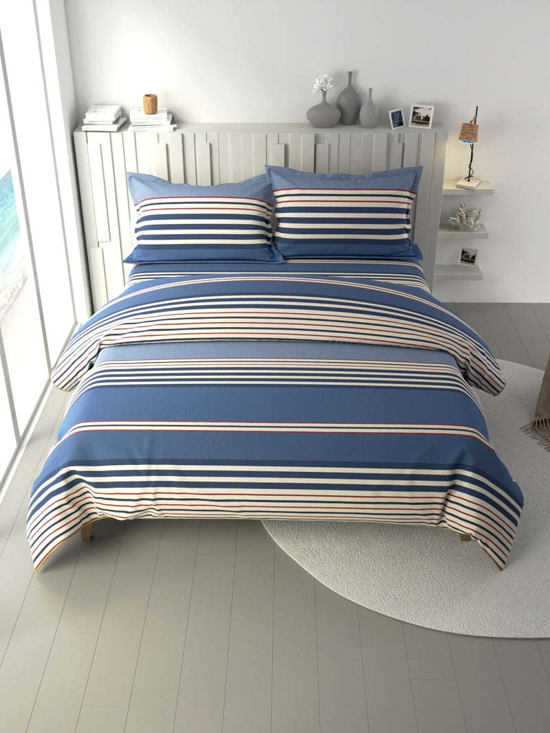 100% Premium Cotton Fabric Double Comforter With 1 King Bedsheet And 2 Pillow Covers For All Weather <small> (stripe-blue/red)</small>