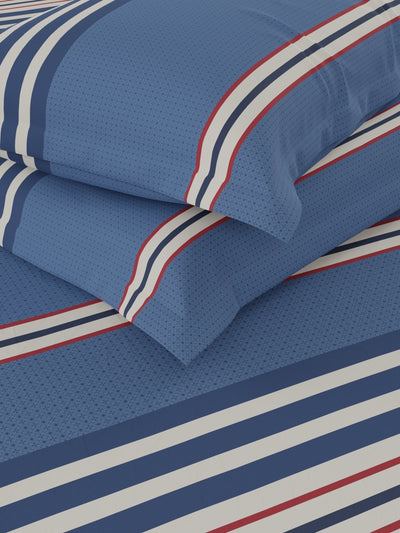 100% Premium Cotton Fabric Double Comforter With 1 King Bedsheet And 2 Pillow Covers For All Weather <small> (stripe-blue/red)</small>