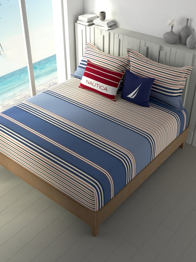 100% Premium Cotton Fitted King Bedsheet With Elastic Corners With 2 Pillow Covers <small> (stripe-blue/red)</small>