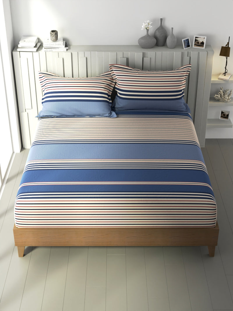 100% Premium Cotton Fitted King Bedsheet With Elastic Corners With 2 Pillow Covers <small> (stripe-blue/red)</small>