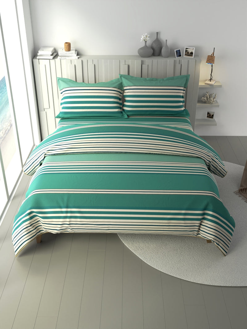 100% Premium Cotton Fabric Double Comforter With 1 King Bedsheet And 2 Pillow Covers For All Weather <small> (stripe-green/grey)</small>