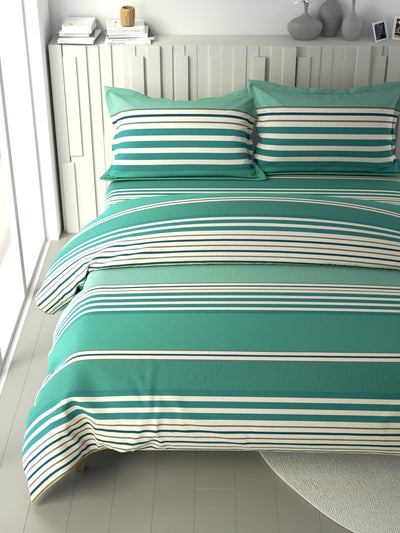 100% Premium Cotton Fabric Double Comforter With 1 King Bedsheet And 2 Pillow Covers For All Weather <small> (stripe-green/grey)</small>