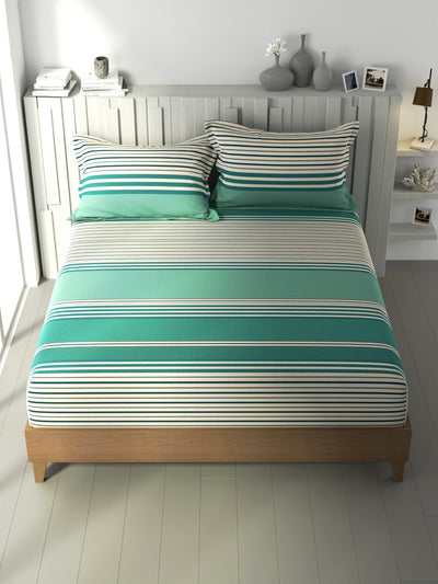 100% Premium Cotton King Bedsheet With 2 Pillow Covers <small> (stripe-green/grey)</small>