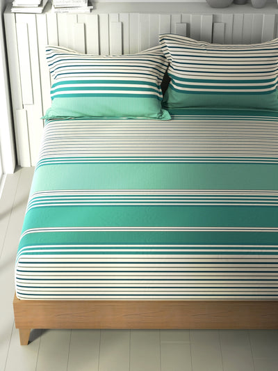 100% Premium Cotton King Bedsheet With 2 Pillow Covers <small> (stripe-green/grey)</small>