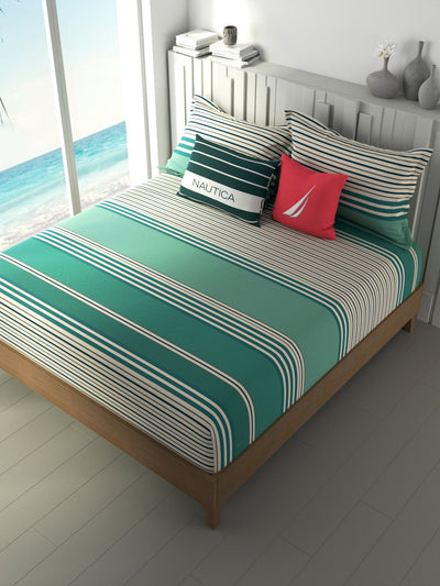 100% Premium Cotton Fitted King Bedsheet With Elastic Corners With 2 Pillow Covers <small> (stripe-green/grey)</small>