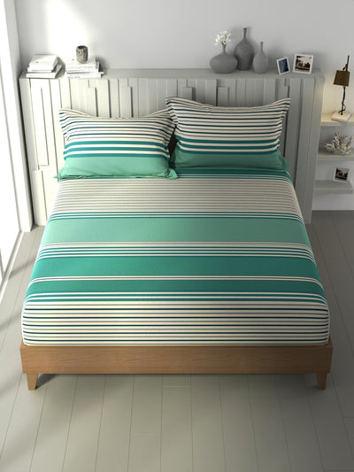 100% Premium Cotton Fitted King Bedsheet With Elastic Corners With 2 Pillow Covers <small> (stripe-green/grey)</small>