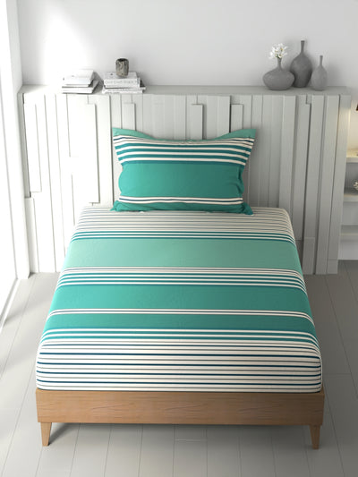 100% Premium Cotton Single Bedsheet With 1 Pillow Cover <small> (stripe-green/grey)</small>