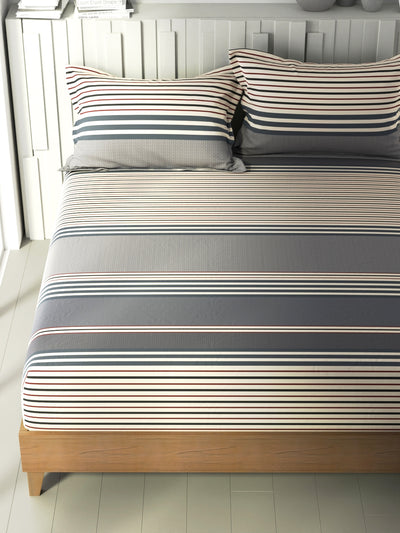 100% Premium Cotton King Bedsheet With 2 Pillow Covers <small> (stripe-grey/maroon)</small>