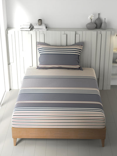 100% Premium Cotton Single Bedsheet With 1 Pillow Cover <small> (stripe-grey/maroon)</small>