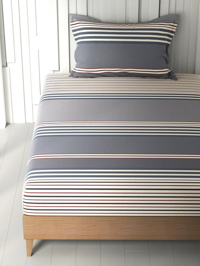 100% Premium Cotton Single Bedsheet With 1 Pillow Cover <small> (stripe-grey/maroon)</small>