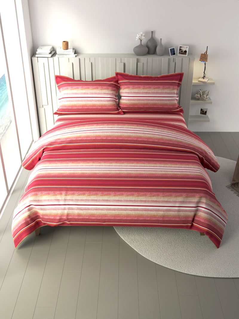 100% Premium Cotton Fabric Double Comforter With 1 King Bedsheet And 2 Pillow Covers For All Weather <small> (stripe-orange/multi)</small>