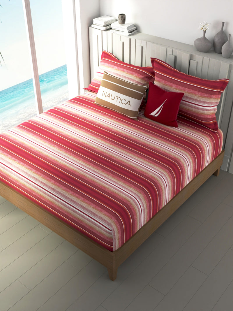 100% Premium Cotton King Bedsheet With 2 Pillow Covers <small> (stripe-orange/multi)</small>