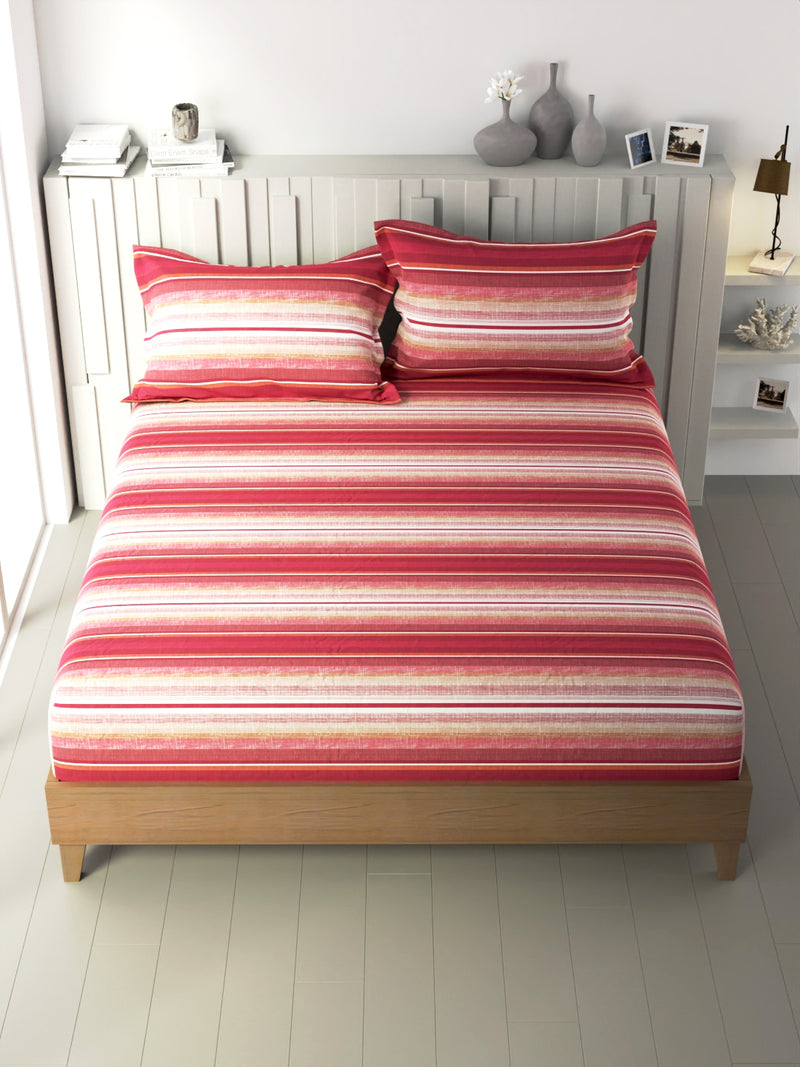 100% Premium Cotton King Bedsheet With 2 Pillow Covers <small> (stripe-orange/multi)</small>