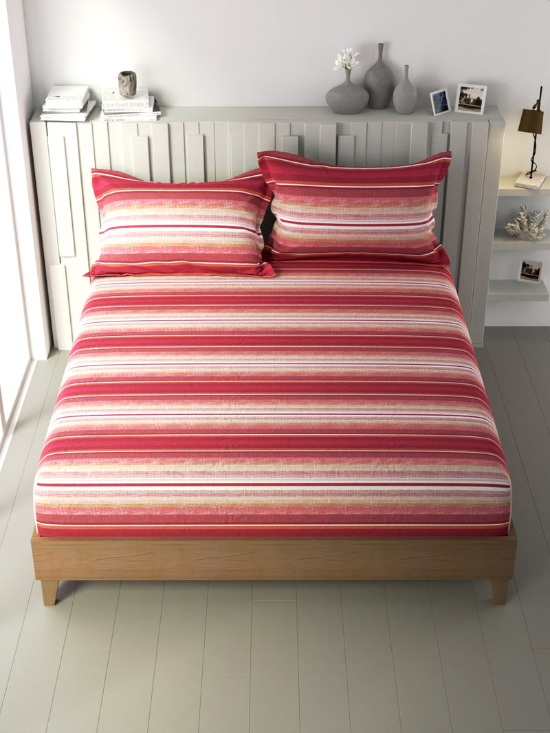 100% Premium Cotton Fitted King Bedsheet With Elastic Corners With 2 Pillow Covers <small> (stripe-orange/multi)</small>
