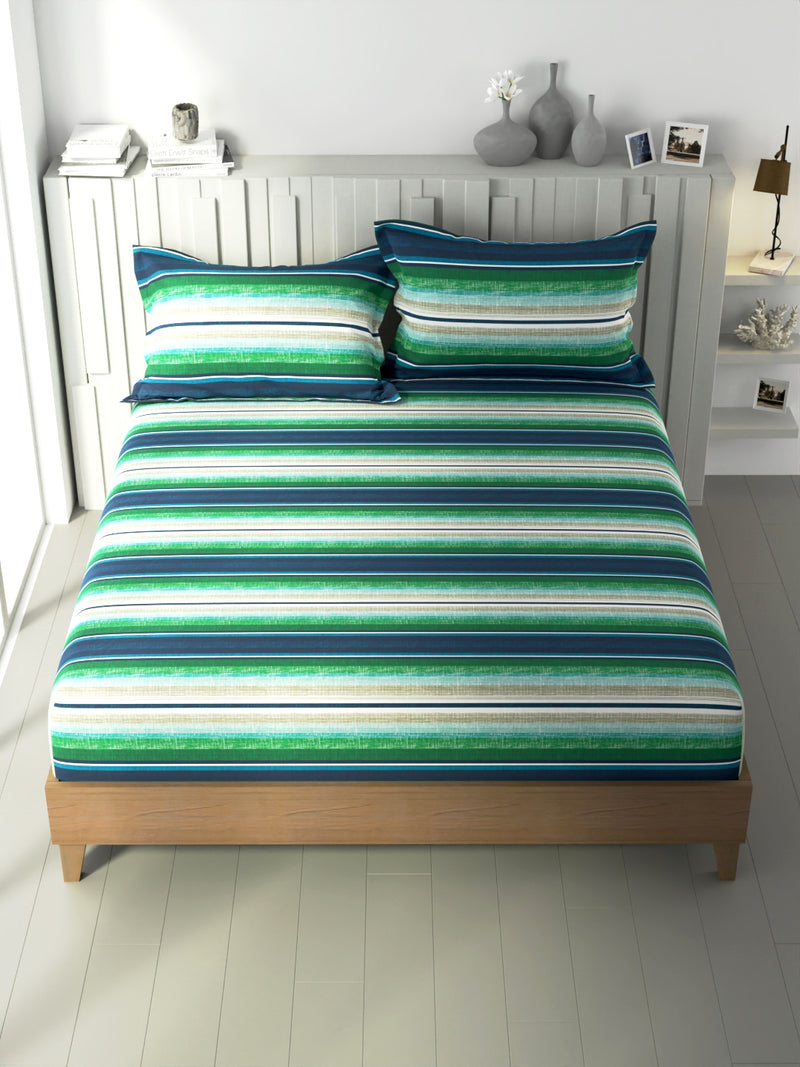 100% Premium Cotton King Bedsheet With 2 Pillow Covers <small> (stripe-blue/multi)</small>