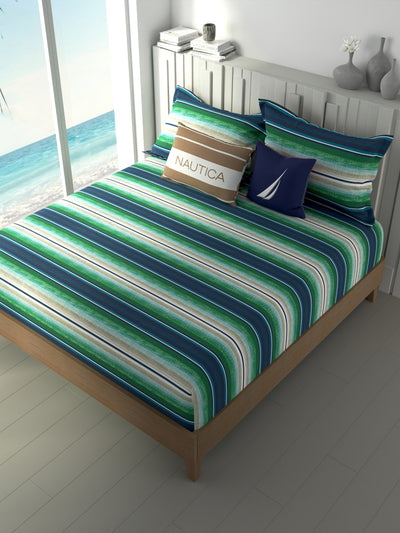 100% Premium Cotton Fitted King Bedsheet With Elastic Corners With 2 Pillow Covers <small> (stripe-blue/multi)</small>