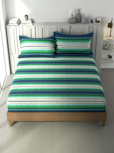 100% Premium Cotton Fitted King Bedsheet With Elastic Corners With 2 Pillow Covers <small> (stripe-blue/multi)</small>