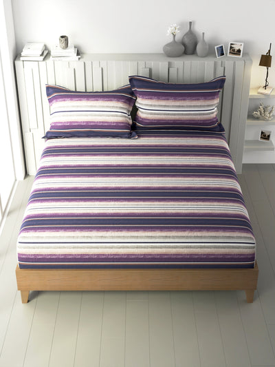 100% Premium Cotton King Bedsheet With 2 Pillow Covers <small> (stripe-purple/multi)</small>
