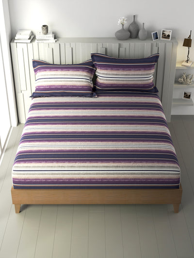 100% Premium Cotton Fitted King Bedsheet With Elastic Corners With 2 Pillow Covers <small> (stripe-purple/multi)</small>