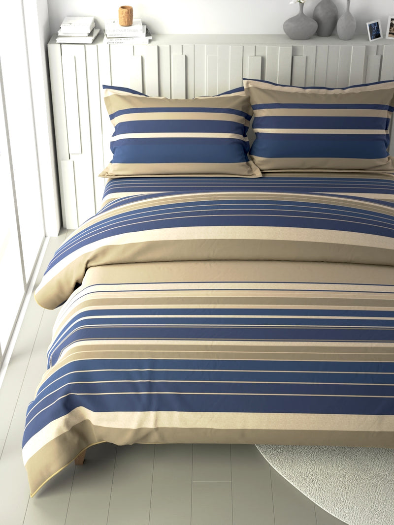 100% Premium Cotton Fabric Double Comforter With 1 King Bedsheet And 2 Pillow Covers For All Weather <small> (stripe-sand/blue)</small>