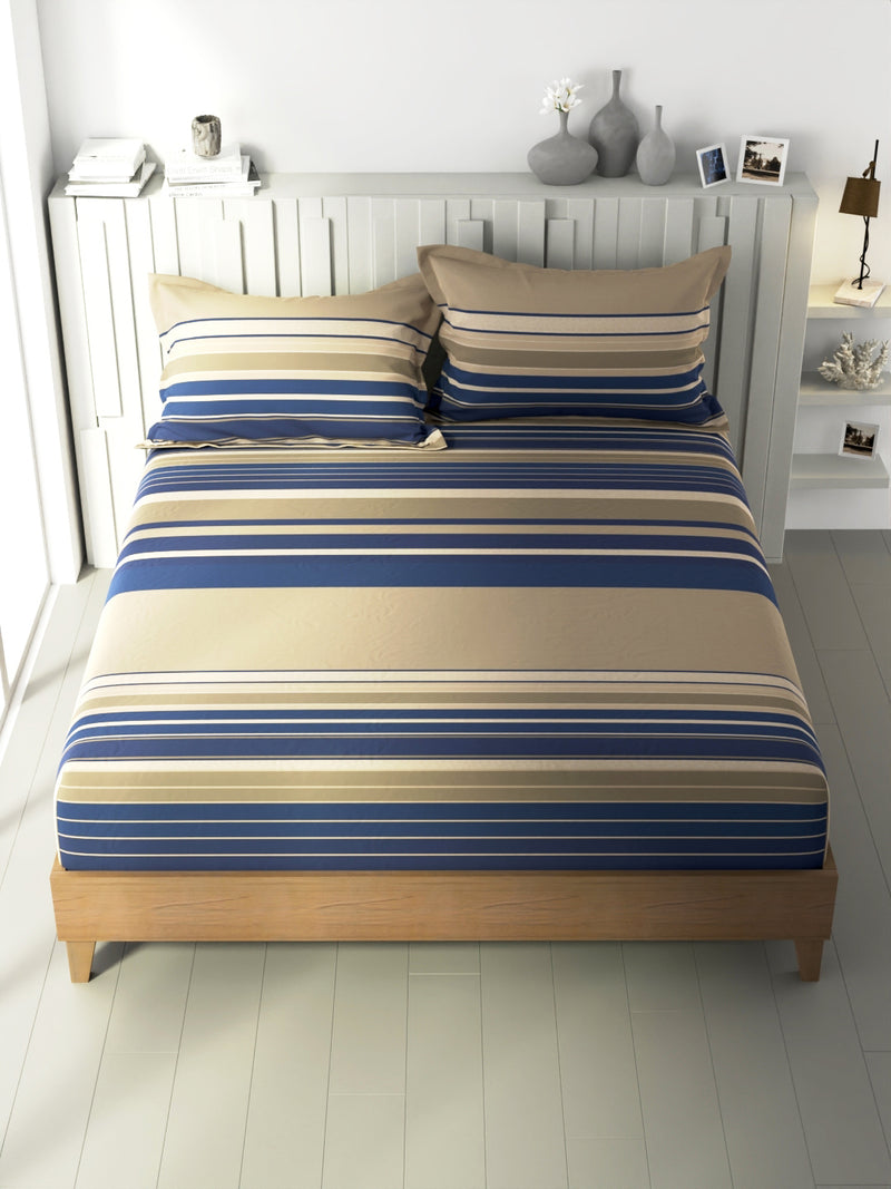 100% Premium Cotton King Bedsheet With 2 Pillow Covers <small> (stripe-sand/blue)</small>