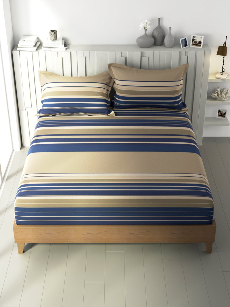 100% Premium Cotton Fitted King Bedsheet With Elastic Corners With 2 Pillow Covers <small> (stripe-sand/blue)</small>