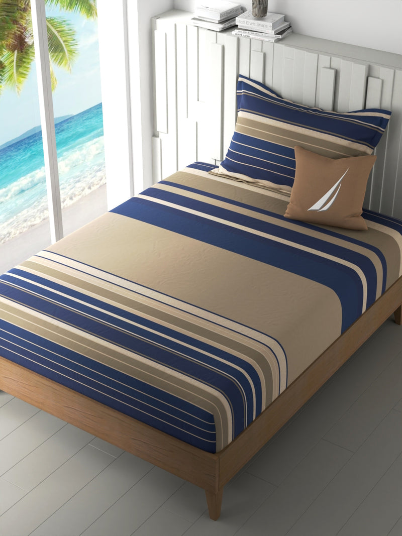 100% Premium Cotton Single Bedsheet With 1 Pillow Cover <small> (stripe-sand/blue)</small>