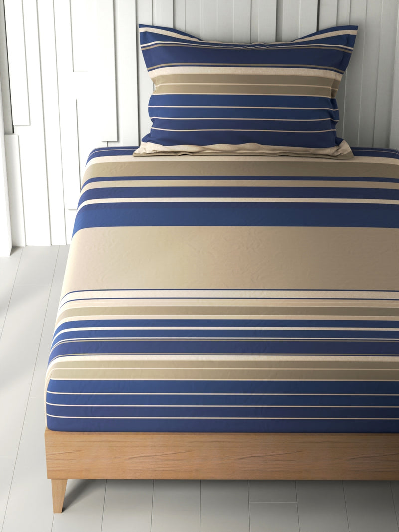 100% Premium Cotton Single Bedsheet With 1 Pillow Cover <small> (stripe-sand/blue)</small>
