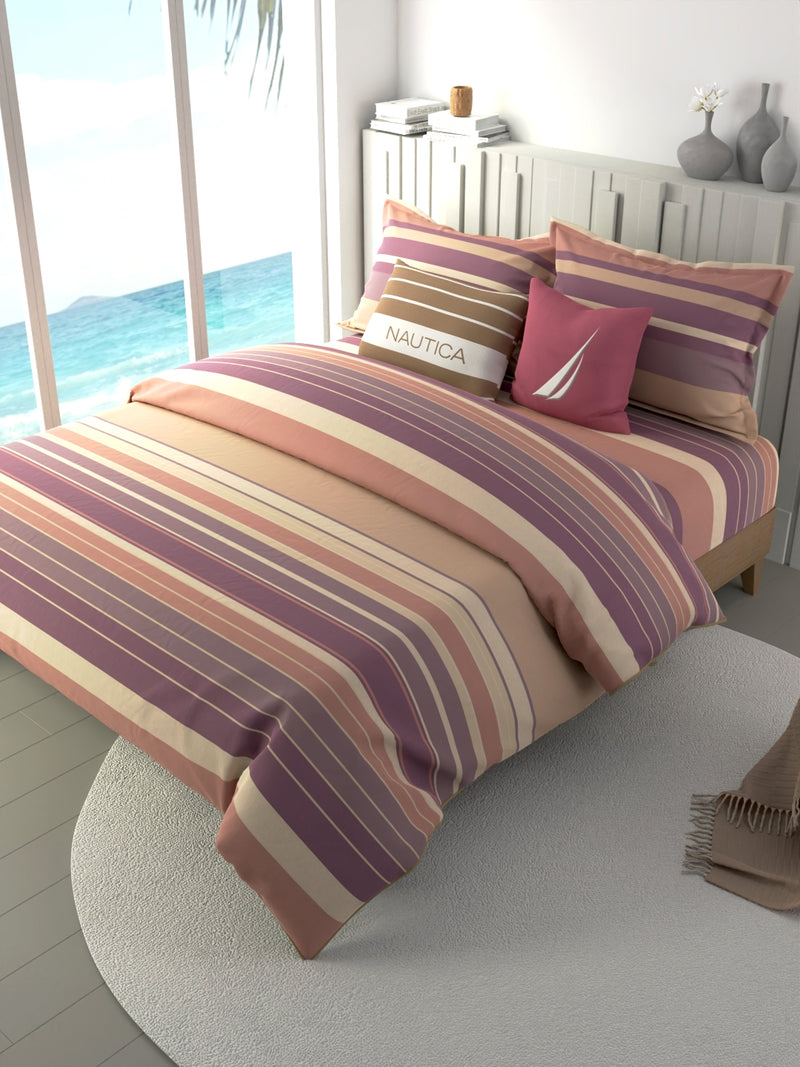 100% Premium Cotton Fabric Double Comforter With 1 King Bedsheet And 2 Pillow Covers For All Weather <small> (stripe-beige/wine)</small>