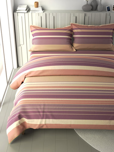 100% Premium Cotton Fabric Double Comforter With 1 King Bedsheet And 2 Pillow Covers For All Weather <small> (stripe-beige/wine)</small>