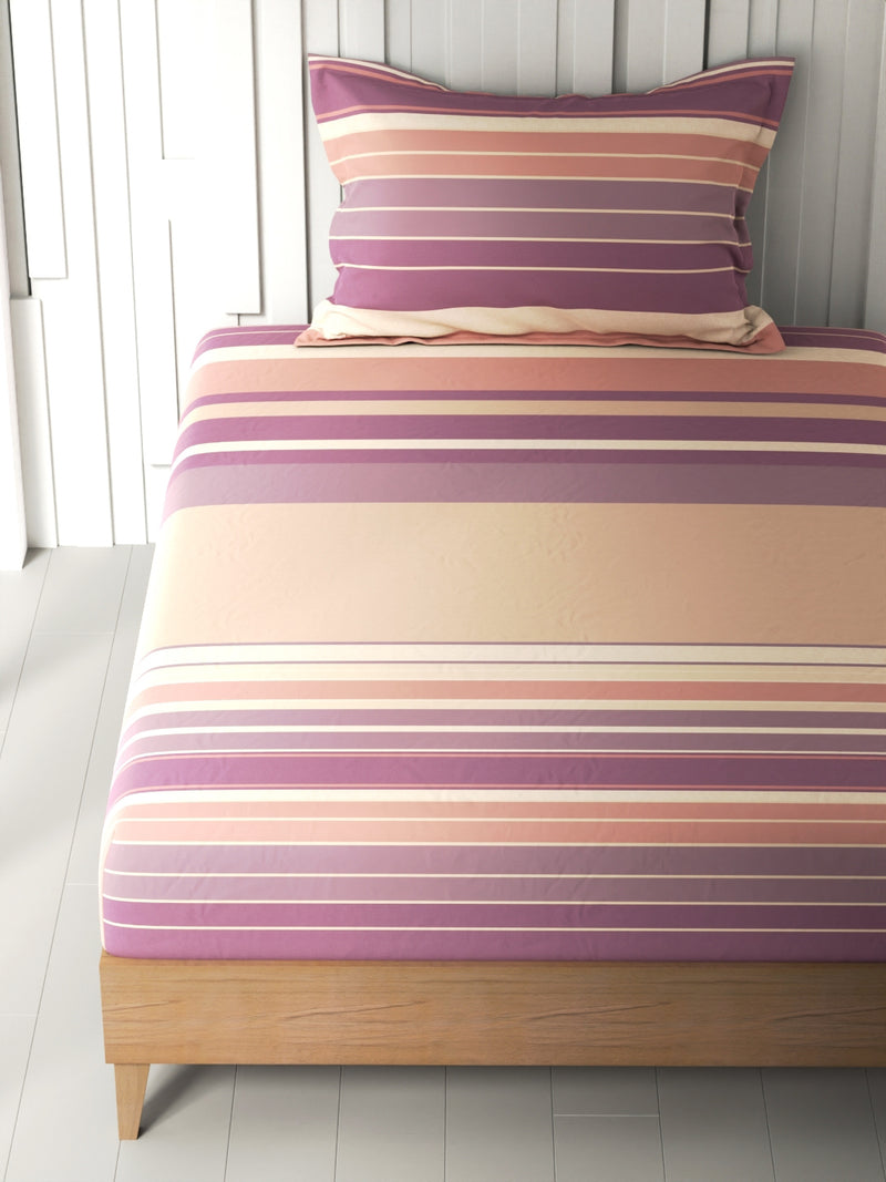 100% Premium Cotton Single Bedsheet With 1 Pillow Cover <small> (stripe-beige/wine)</small>
