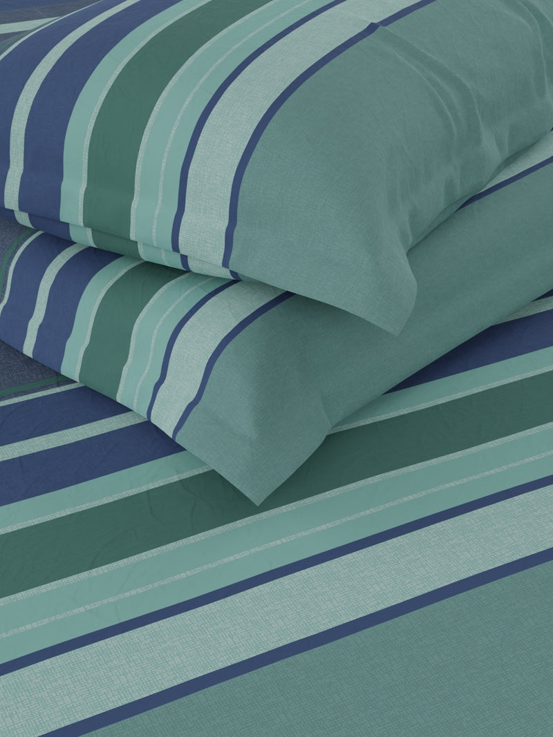 100% Premium Cotton Fabric Double Comforter With 1 King Bedsheet And 2 Pillow Covers For All Weather <small> (stripe-sage/blue)</small>