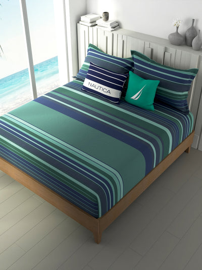 100% Premium Cotton Fitted King Bedsheet With Elastic Corners With 2 Pillow Covers <small> (stripe-sage/blue)</small>