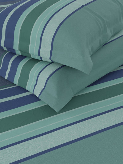 100% Premium Cotton Fitted King Bedsheet With Elastic Corners With 2 Pillow Covers <small> (stripe-sage/blue)</small>
