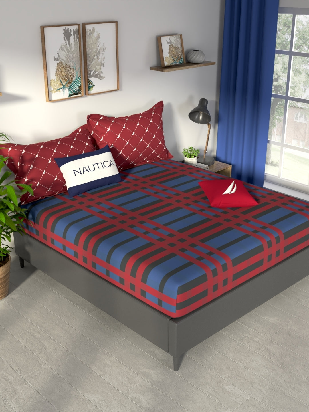 NAUTICA 100% Premium Cotton King Bedsheet With 2 Pillow Covers -3pc set  (pacific coast) checks-red/blue – Bianca Home