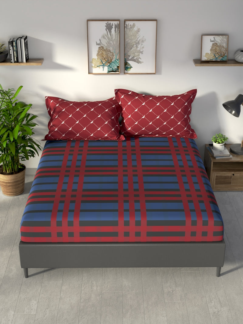 100% Premium Cotton King Bedsheet With 2 Pillow Covers <small> (checks-red/blue)</small>